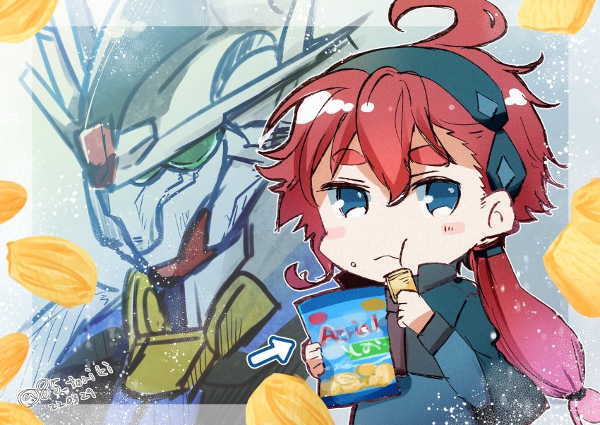 1girl aerial_(food) artist_name blue_eyes blush check_commentary chibi chips_(food) commentary_request dated eating food green_eyes gundam gundam_aerial gundam_suisei_no_majo hairband highres long_hair mecha mobile_suit name_connection ponytail potato_chips red_hair robot shindo_hachigo suletta_mercury v-fin