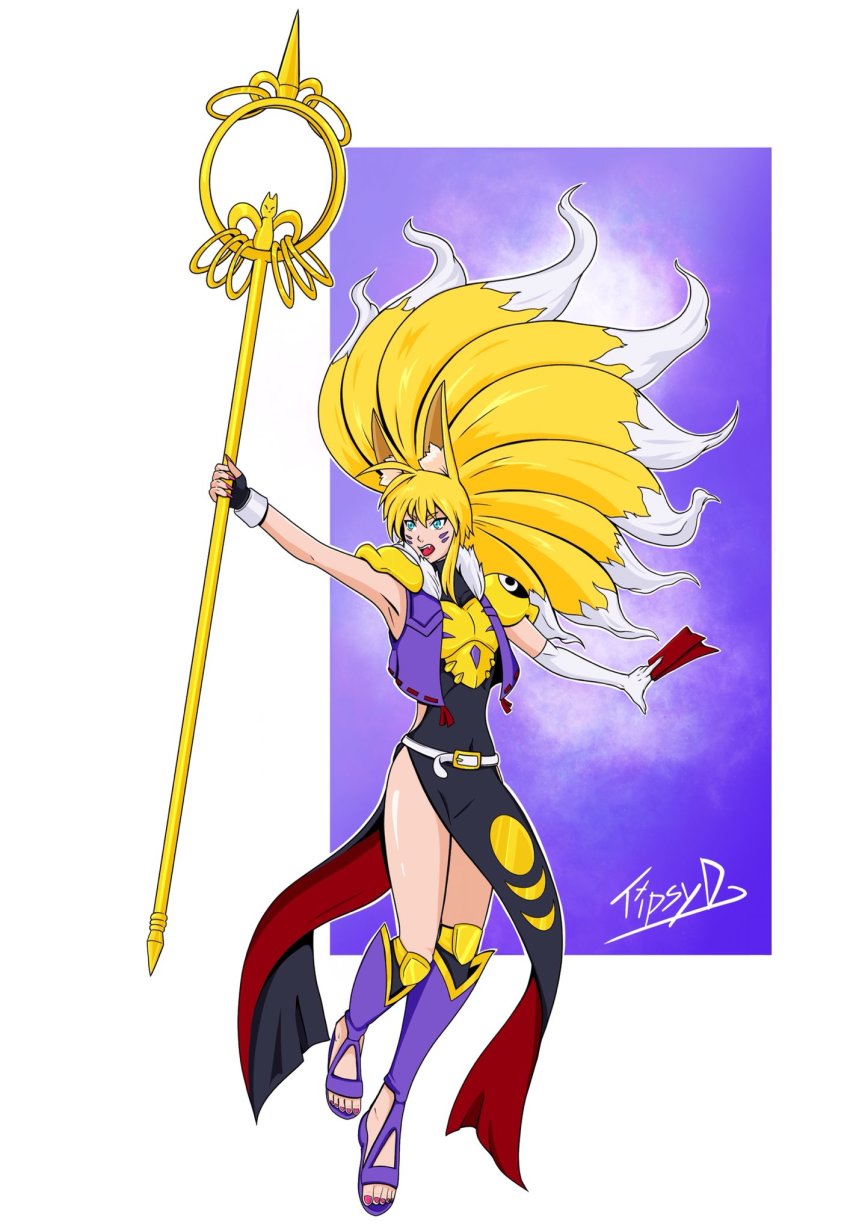 armor belt digimon fox highres kitsune long_hair namco_x_capcom project_x_zone sakuyamon staff super_robot_wars super_robot_wars_og_saga_mugen_no_frontier super_robot_wars_og_saga_mugen_no_frontier_exceed xiaomu yin_yang