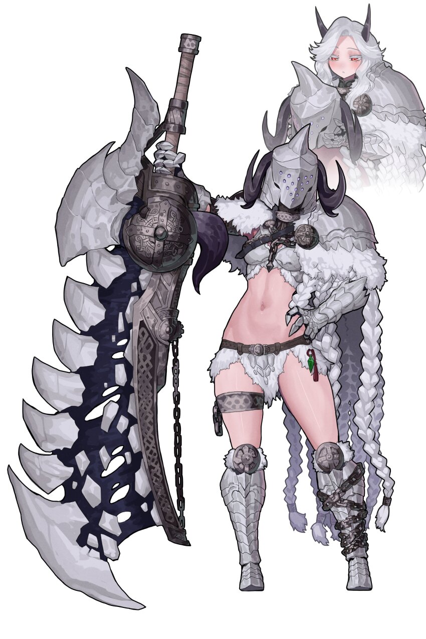 1girl absurdres arkveld_(armor) belt breasts chain ekrea_jan gauntlets greatsword hand_on_own_hip helmet highres horns leg_armor medium_breasts monster_hunter_(series) monster_hunter_wilds navel red_eyes standing sword thigh_strap weapon white_background white_hair