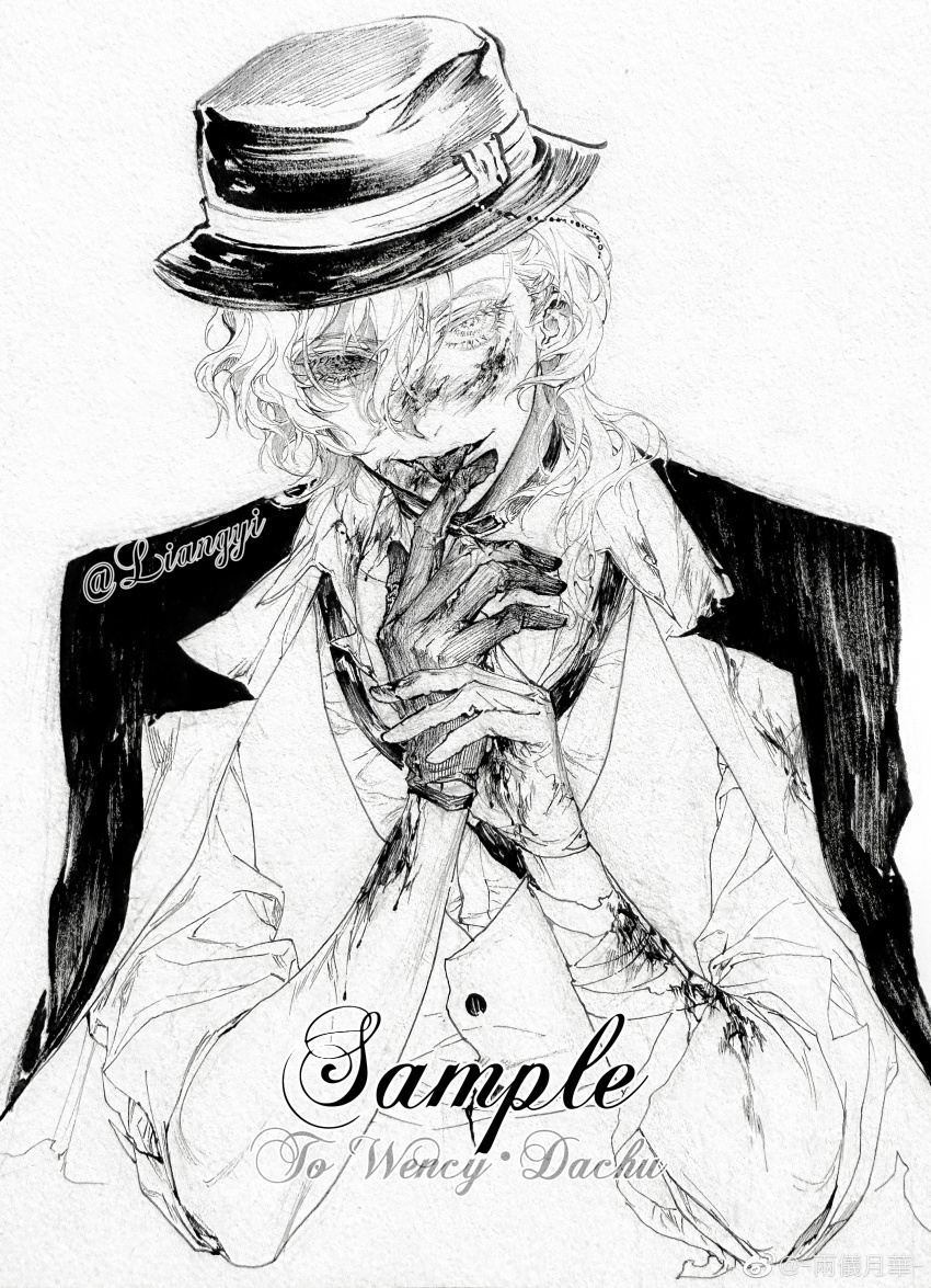 1boy absurdres artist_name bandaged_arm bandages belt_buckle belt_collar blazer blood blood_on_face blood_on_hands bowler_hat buckle buttons chinese_commentary collar collared_jacket collared_shirt commentary_request commission cropped_torso eyelashes gloves greyscale hair_between_eyes hand_on_hand hat hat_belt highres injury jacket jacket_on_shoulders lapels liangyi_yuehua licking licking_finger long_sleeves male_focus mismatched_sclera monochrome necktie nib_pen_(medium) notched_lapels original own_hands_together pen_(medium) sample_watermark shirt single_glove sleeve_cuffs solo three-quarter_sleeves tongue traditional_media two-sided_fabric two-sided_jacket vest watermark weibo_watermark
