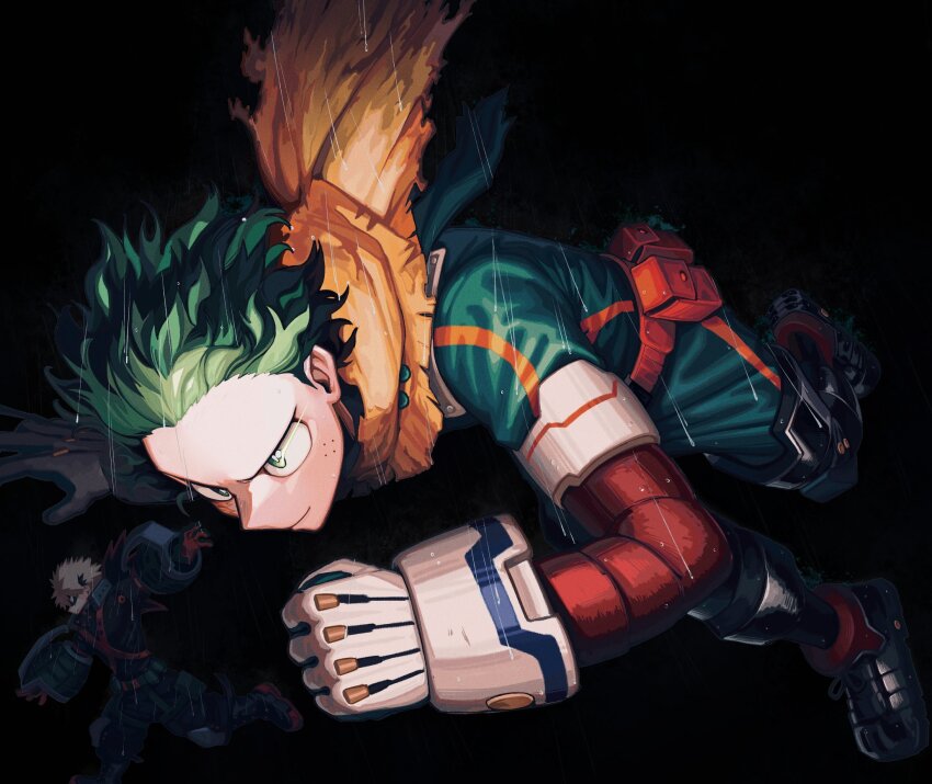 bakugou_katsuki blonde_hair bodysuit boku_no_hero_academia dekudash gloves green_bodysuit green_eyes green_hair highres looking_at_viewer male_focus midoriya_izuku rain short_hair simple_background solo_focus spiked_hair superhero_costume