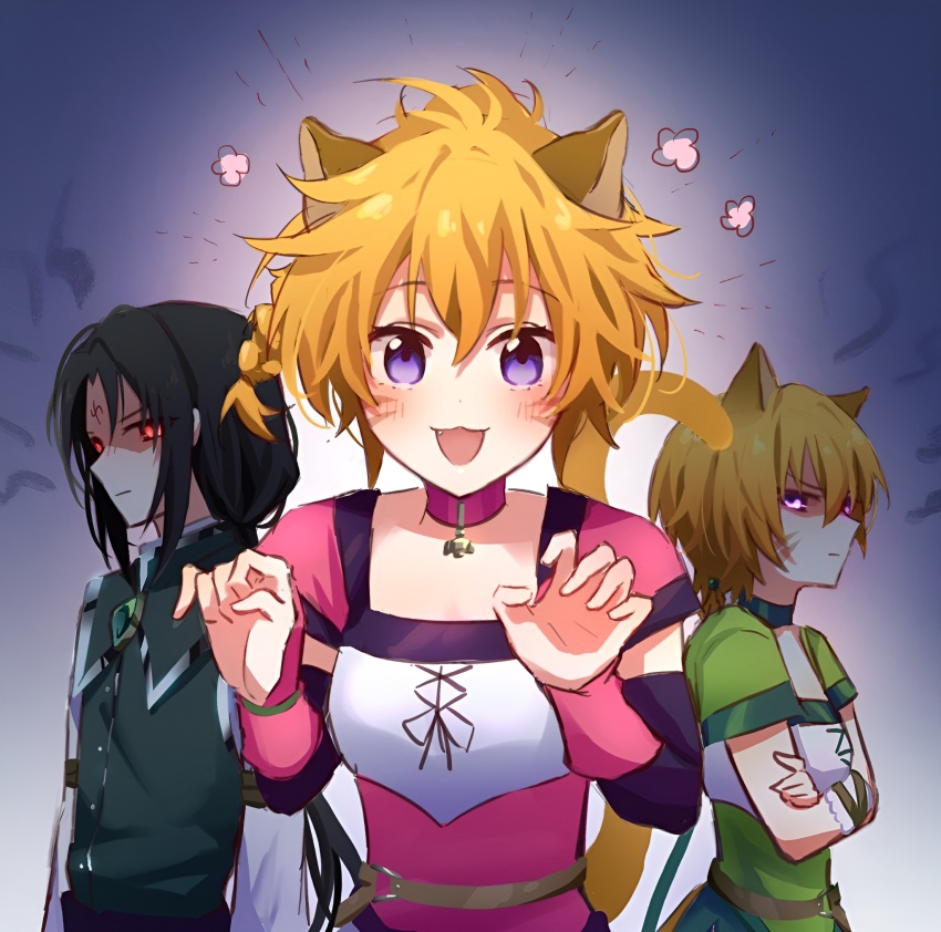 1boy 2girls animal_ears belt black_hair blush brown_belt cat_ears cat_girl cat_tail collar commission commissioner_upload crossed_arms facepaint facial_mark fang fire_emblem fire_emblem:_path_of_radiance fire_emblem:_radiant_dawn forehead_mark glowing glowing_eyes green_brooch green_collar highres je_mizu laguz_(fire_emblem) lethe_(fire_emblem) looking_at_viewer lyre_(fire_emblem) multiple_girls nintendo o-ring o-ring_belt open_mouth orange_hair orange_tail pink_collar purple_eyes red_eyes shaded_face siblings sisters soren_(fire_emblem) soren_(radiant_confidant)_(fire_emblem) tail twins whisker_markings