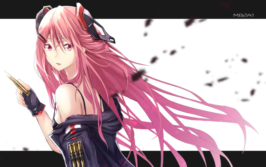 .50_bmg 1girl ammunition anti-materiel_cartridge back black_bra black_gloves blue_jacket bra bra_strap bullet cartridge character_name clothes_pull fingerless_gloves fluegel_(gumi710) girls&#039;_frontline gloves highres hmg_cartridge holding jacket jacket_pull long_hair looking_at_viewer m82a1_(girls&#039;_frontline) magnum_cartridge match_grade match_grade_ammunition military_cartridge open_mouth pink_eyes pink_hair rifle_cartridge simple_background solo supersonic_ammunition underwear