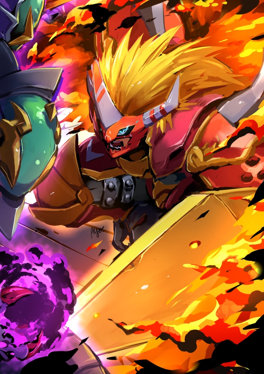 aldamon armor belt blackseraphimon digimon digimon_(creature) digimon_frontier fire full_armor highres looking_at_another