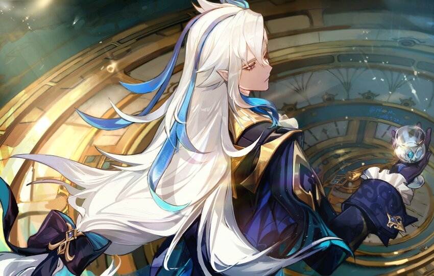 1boy artist_name black_bow blue_coat blue_eyeshadow blue_hair bow chalice closed_mouth coat commentary_request cup dated expressionless eyelashes eyeshadow frilled_sleeves frills genshin_impact glint gold_trim hair_between_eyes hair_bow hair_ornament hand_up highres holding holding_cup light_particles long_hair long_sleeves low-tied_long_hair makeup male_focus multicolored_hair neuvillette_(genshin_impact) parted_bangs pointy_ears purple_eyes rokuon sleeve_cuffs solo streaked_hair twitter_username very_long_hair water white_hair