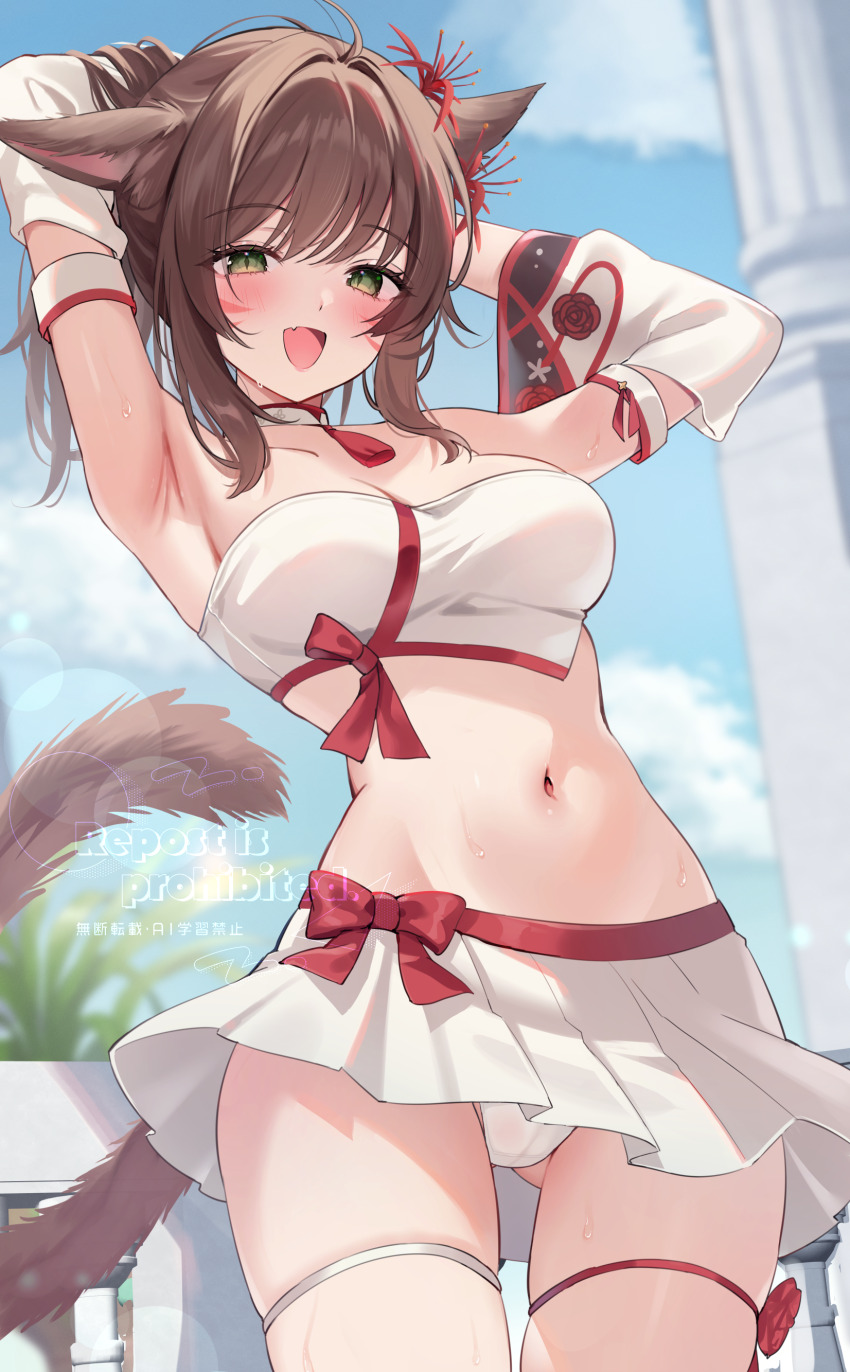 1girl absurdres animal_ears blush breasts brown_hair cat_ears cat_girl cat_tail detached_sleeves facial_mark fang final_fantasy final_fantasy_xiv green_eyes highres looking_at_viewer miniskirt miqo&#039;te navel open_mouth outdoors panties ponytail short_hair skin_fang skirt slit_pupils solo strapless suzumori_(su2525) tail thigh_strap tube_top underwear warrior_of_light_(ff14) whisker_markings white_panties white_skirt