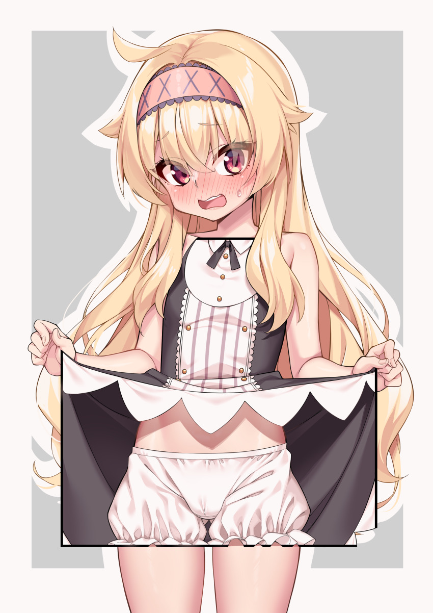 1girl absurdres artist_request blonde_hair bloomers blush breasts clothes_lift dress dress_lift embarrassed hairband highres lifting_own_clothes little_witch_nobeta long_hair looking_at_viewer nobeta nobeta_(witch_skin) official_art open_mouth red_eyes small_breasts solo sweatdrop underwear variant_set white_bloomers