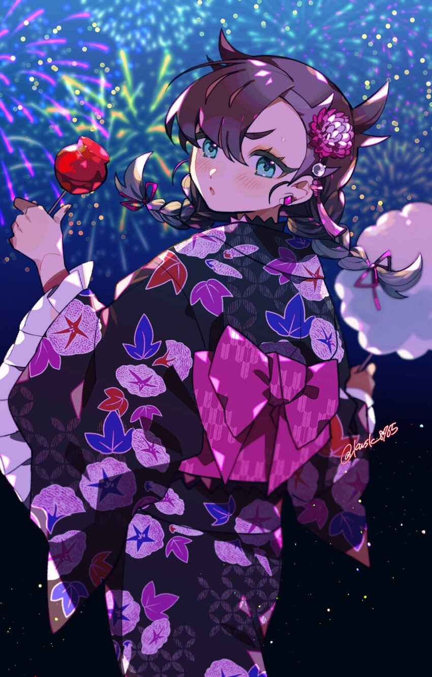 1girl asymmetrical_bangs asymmetrical_hair black_hair black_kimono bow candy_apple fireworks floral_print flower food hair_flower hair_ornament highres japanese_clothes kawasaki_(kwsk_8765) kimono looking_at_viewer marnie_(pokemon) night night_sky nintendo open_mouth pink_bow pokemon pokemon_swsh sash sky undercut