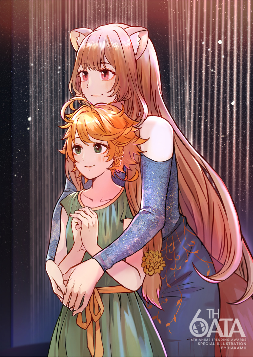 2girls absurdres alternate_costume animal_ear_fluff animal_ears bare_shoulders blue_dress brown_hair character_request check_character closed_mouth clothing_cutout collarbone commentary cowboy_shot crossover dress emma_(yakusoku_no_neverland) english_commentary floral_print green_dress green_eyes hakamii highres hug hug_from_behind light_blush light_smile long_hair long_sidelocks long_sleeves looking_ahead messy_hair multiple_girls orange_hair own_hands_together raccoon_ears raccoon_girl raccoon_tail raphtalia red_eyes short_hair short_sleeves shoulder_cutout sidelocks smile standing tail tate_no_yuusha_no_nariagari yakusoku_no_neverland