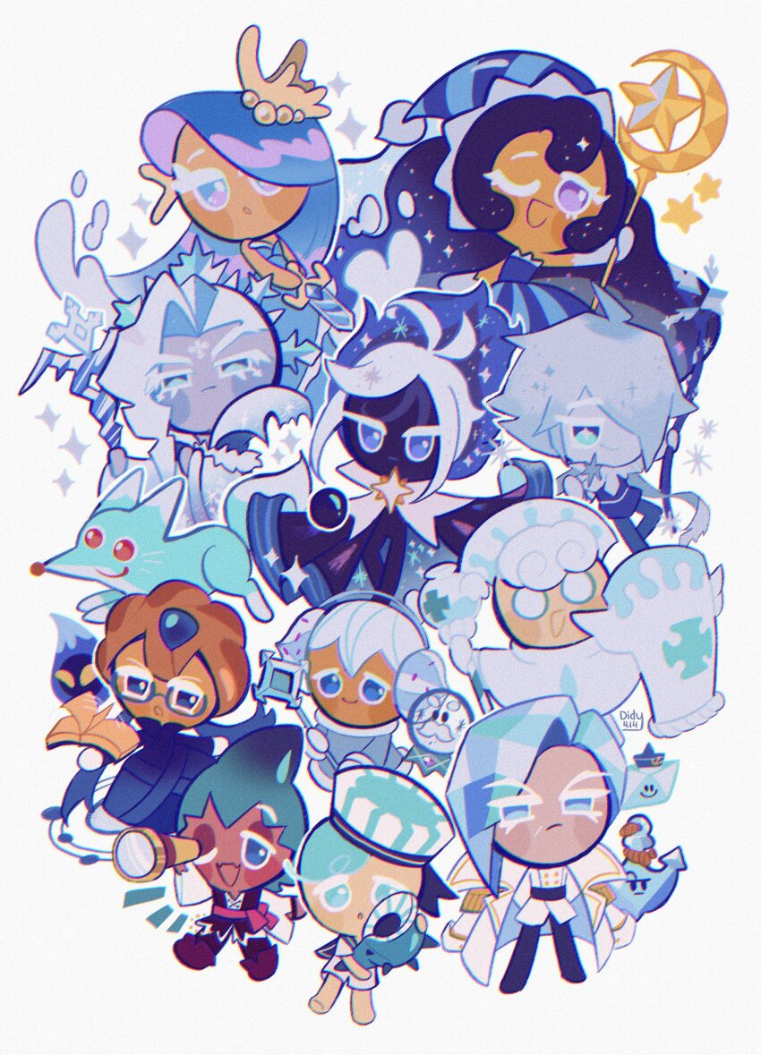 3boys 3others 5girls :o ;d absurdres animal antenna_hair asymmetrical_bangs black_cloak black_hair black_pants black_skin blue-framed_eyewear blue_dress blue_eyes blue_hair blue_hat blue_pants blue_shirt blue_skin blue_theme blueberry_pie_cookie boatswain_anchor book braid bright_pupils brother_and_sister brown_hair buttons captain_ice_cookie character_request chromatic_aberration cloak closed_mouth coat coat_on_shoulders colored_skin commentary cookie_run cookie_run:_kingdom cookie_run:_ovenbreak crescent dark_skin didy414 double-breasted dress earmuffs elbow_gloves english_commentary fangs film_grain fox frost_queen_cookie full_body glasses gloves hair_over_one_eye hat highres holding holding_book holding_scepter holding_seashell holding_shield holding_staff holding_sword holding_telescope holding_weapon jacket kumiho_cookie kumiho_cookie_(fox) long_hair looking_at_viewer milk_cookie moonlight moonlight_cookie multicolored_hair multiple_boys multiple_girls multiple_others one_eye_closed one_eye_covered open_book open_mouth pants peppermint_cookie purple_eyes red_eyes round_eyewear scepter sea_fairy_cookie semi-rimless_eyewear sherbet_cookie shield shirt short_hair siblings skin_fangs smile snow_globe_(cookie_run) snow_sugar_cookie sorbet_shark_cookie sparkle staff star_(symbol) stardust_cookie striped_clothes striped_dress striped_headwear sword telescope two-tone_hair vertical-striped_clothes vertical-striped_dress very_long_hair weapon white_coat white_dress white_gloves white_hair white_jacket white_pupils wizard_hat