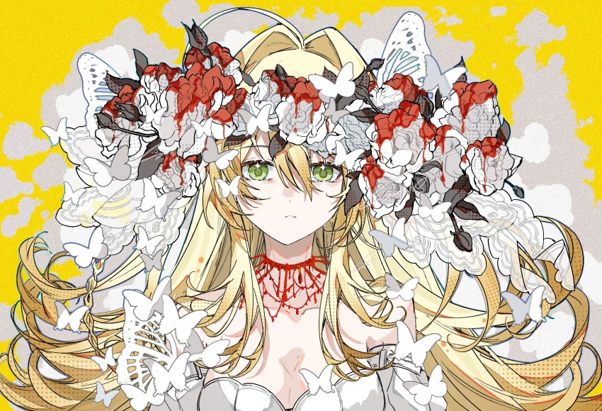 1girl ahoge blonde_hair blood blood_from_neck blood_on_flower blood_on_neck breasts bug butterfly choker cleavage detached_sleeves fate/grand_order fate_(series) flower flower_wreath green_eyes hair_intakes highres insect large_breasts looking_at_viewer nero_claudius_(bride)_(fate) nero_claudius_(fate) solo sparkling_eyes spiked_choker spikes straight-on sunfish3939 upper_body white_flower