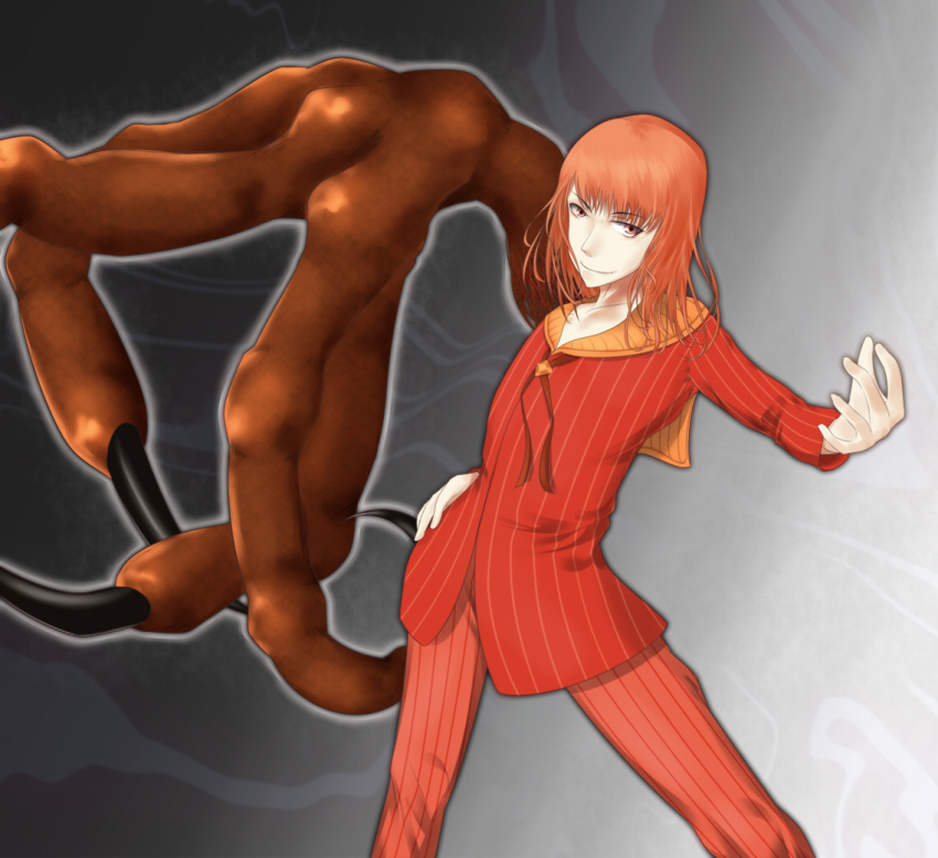 1boy alternate_eyebrows black_claws claws closed_mouth commentary_request extra_arms feet_out_of_frame fiamma_of_the_right formal_clothes grey_background hand_on_own_hip jacket long_sleeves looking_at_viewer medium_hair mismatched_eyebrows orange_eyes orange_hair outstretched_arm pants pinstripe_jacket pinstripe_pants pinstripe_pattern pinstripe_suit red_jacket red_pants red_suit shin_(highest1192) smile solo standing striped_clothes striped_jacket striped_pants suit toaru_majutsu_no_index vertical-striped_clothes vertical-striped_jacket vertical-striped_pants