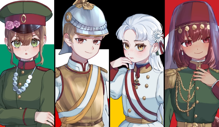 4girls armor blonde_hair brown_hair bulgaria bulgarian_flag empire_of_austria empire_of_austria_(kuroussa) flag_background german_empire german_empire_(kuroussa) green_eyes helmet highres imperial_austrian_army imperial_austrian_flag imperial_german_army imperial_german_flag jewelry kuroussa mandarin_collar military_uniform multiple_girls necklace original personification sidelocks turkey_(country) turkey_(kuroussa) turkish_clothes turkish_flag upper_body white_hair yellow_eyes
