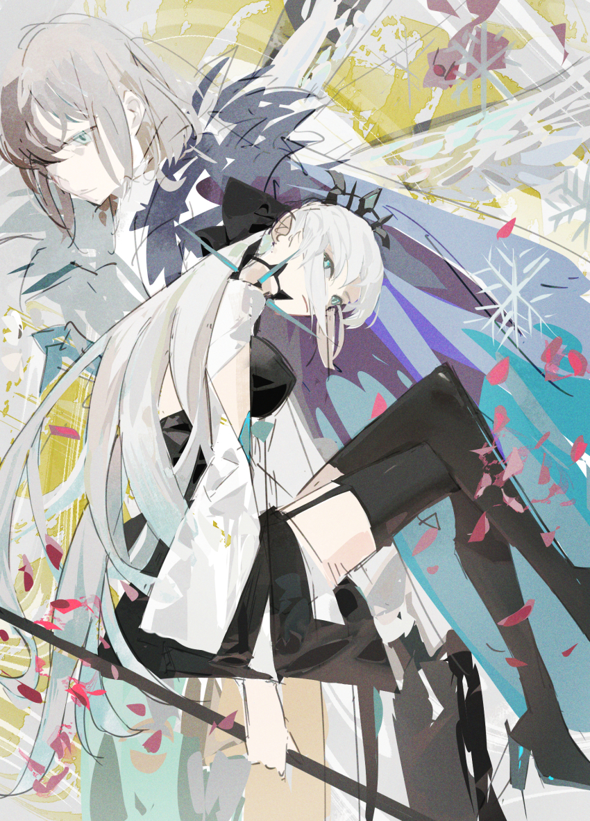1boy 1girl black_bow black_dress blue_eyes bow crossed_legs dress fate/grand_order fate_(series) hair_between_eyes hair_bow high_heels highres long_hair long_sleeves looking_at_viewer morgan_le_fay_(fate) oberon_(fate) oberon_(third_ascension)_(fate) polearm ponytail short_hair spear spikes thighhighs tiara very_long_hair weapon white_hair wide_sleeves yaruyan