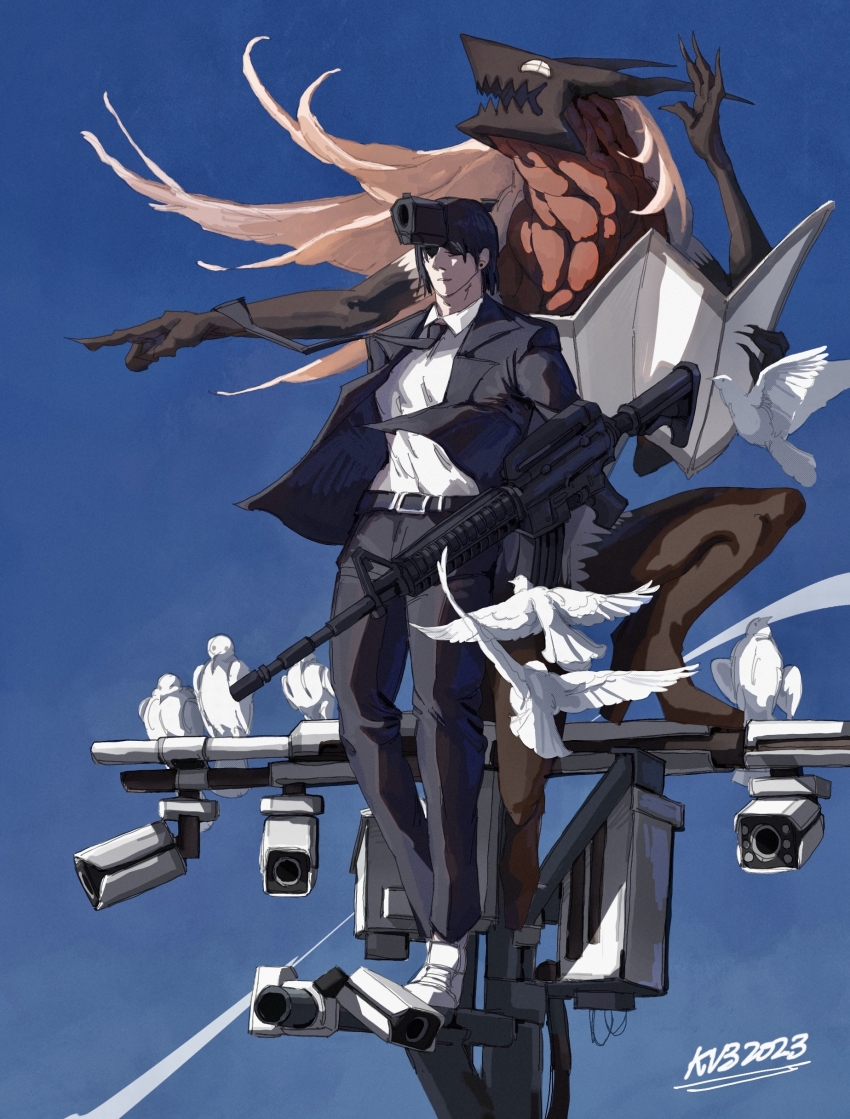 1boy 1other absurdres bird black_hair black_jacket black_necktie black_pants black_suit blonde_hair blood_devil_(chainsaw_man) blue_sky chainsaw_man extra_hands formal_clothes full_body gun gun_devil_(chainsaw_man) hair_down hayakawa_aki highres horns intestines jacket kv3 long_hair necktie pants pointing power_(chainsaw_man) security_camera sharp_teeth shirt sky suit teeth utility_pole weapon white_bird white_footwear white_shirt