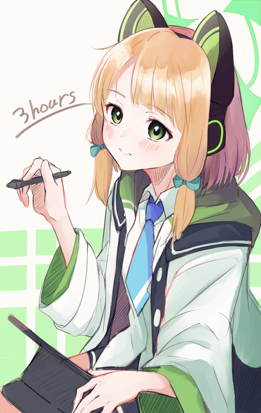 1girl absurdres animal_ear_headphones animal_ears black_jacket black_shorts blonde_hair blue_archive blue_necktie blunt_bangs blush bow buttons cat_ear_headphones cat_ears collared_shirt commentary english_text fake_animal_ears green_background green_bow green_eyes green_halo green_hood green_jacket hair_bow halo hand_up headphones highres holding holding_stylus hood hood_down hooded_jacket ikano_onabe931 jacket long_sleeves looking_at_viewer low-tied_sidelocks medium_hair midori_(blue_archive) multicolored_jacket necktie open_clothes open_jacket parted_bangs parted_lips school_uniform shirt short_shorts shorts sidelocks simple_background sitting smile solo stylus tablet_pc two-sided_fabric two-sided_jacket two-tone_background unbuttoned unbuttoned_jacket untucked_shirt white_background white_jacket white_mouth white_shirt wide_sleeves wing_collar