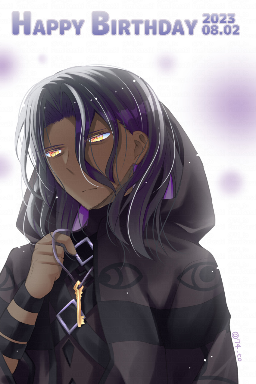 1boy absurdres black_cloak black_hair black_shirt blurry blurry_background cloak dark-skinned_male dark_skin dated depth_of_field fire_emblem fire_emblem_engage hair_between_eyes half-closed_eyes hand_up happy_birthday highres hood hood_up hooded_cloak male_focus multicolored_hair nintendo purple_hair sasaki_fumi shirt solo twitter_username two-tone_hair upper_body white_background yellow_eyes zelkov_(fire_emblem)