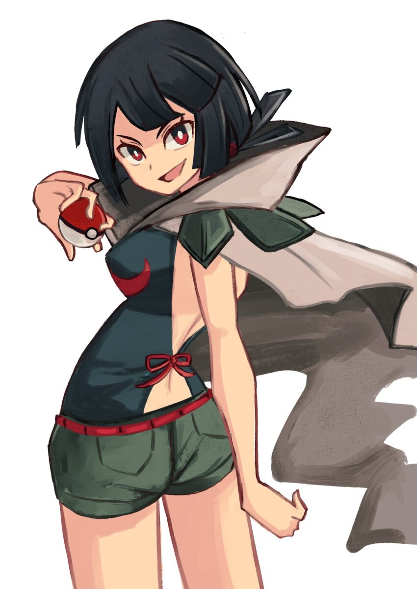 1girl :d black_hair brown_cape cape from_behind highres holding holding_poke_ball looking_at_viewer nintendo open_mouth poke_ball poke_ball_(basic) pokemon pokemon_oras red_eyes short_hair short_shorts shorts smile solo tikuwabu_33 white_background zinnia_(pokemon)