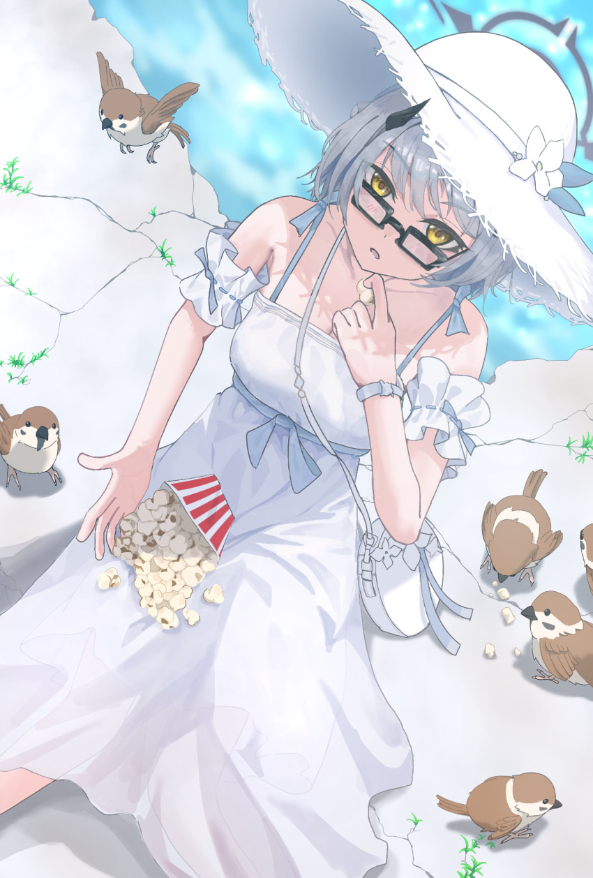 1girl bag bare_shoulders bird black_horns blue_archive breasts cleavage commentary crack cracked_floor demon_girl demon_horns dress finch food from_above glasses grey_halo halo hat highres horns medium_breasts murloc_(user_wxxf2533) official_alternate_costume popcorn sena_(blue_archive) sena_(casual)_(blue_archive) shoulder_bag sitting solo sun_hat sundress translated weeds white_dress white_hair white_hat yellow_eyes