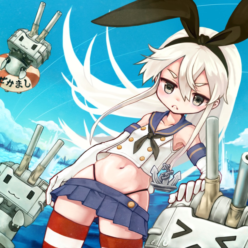 &gt;_&lt; 10s 1girl :&lt; :3 anchor_hair_ornament bad_id bad_pixiv_id blonde_hair brown_eyes closed_eyes elbow_gloves gloves hair_ornament hairband highres kantai_collection lifebuoy long_hair navel ocean personification rensouhou-chan shimakaze_(kancolle) skirt striped_clothes striped_thighhighs swim_ring thighhighs tsurara_michi white_gloves