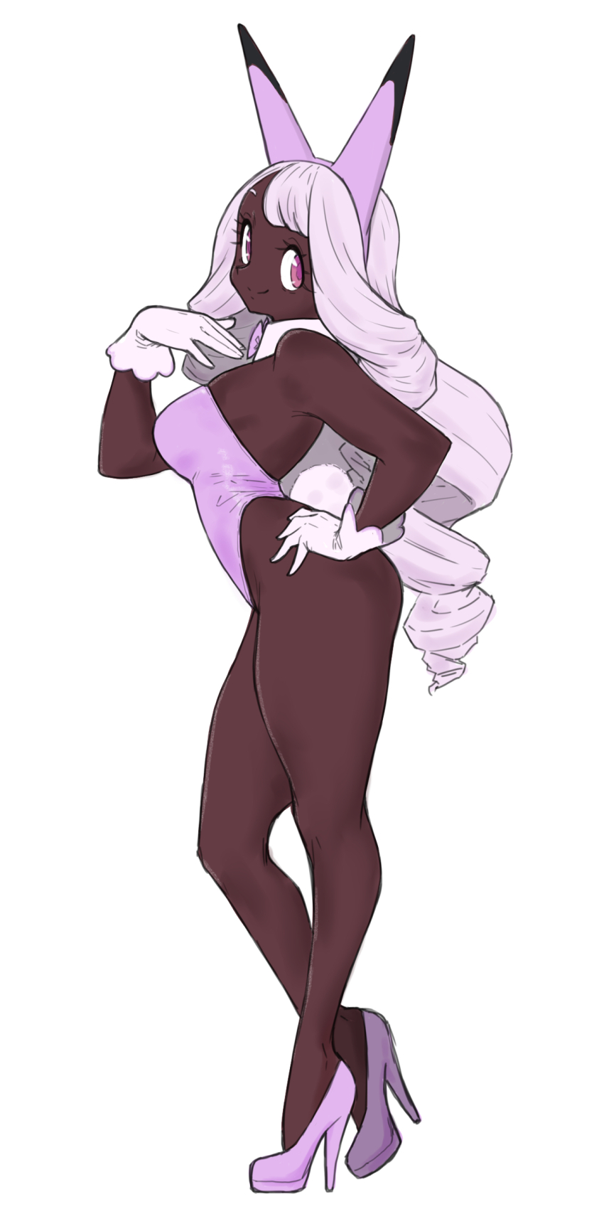 1girl absurdres alternate_costume animal_ears bare_shoulders bow bowtie clefable clefable_(cosplay) cosplay dark-skinned_female dark_skin detached_collar from_side full_body gen_1_pokemon gloves hand_on_own_chest hand_on_own_hip hand_up high_heels highleg highleg_leotard highres jacinthe_(pokemon) leotard long_hair looking_at_viewer low_drills nintendo nontraditional_playboy_bunny pokemon pokemon_legends:_z-a purple_bow purple_bowtie purple_eyes purple_hair purple_leotard purple_shoes shoes smile solo standing strapless strapless_leotard toshinoshin very_dark_skin