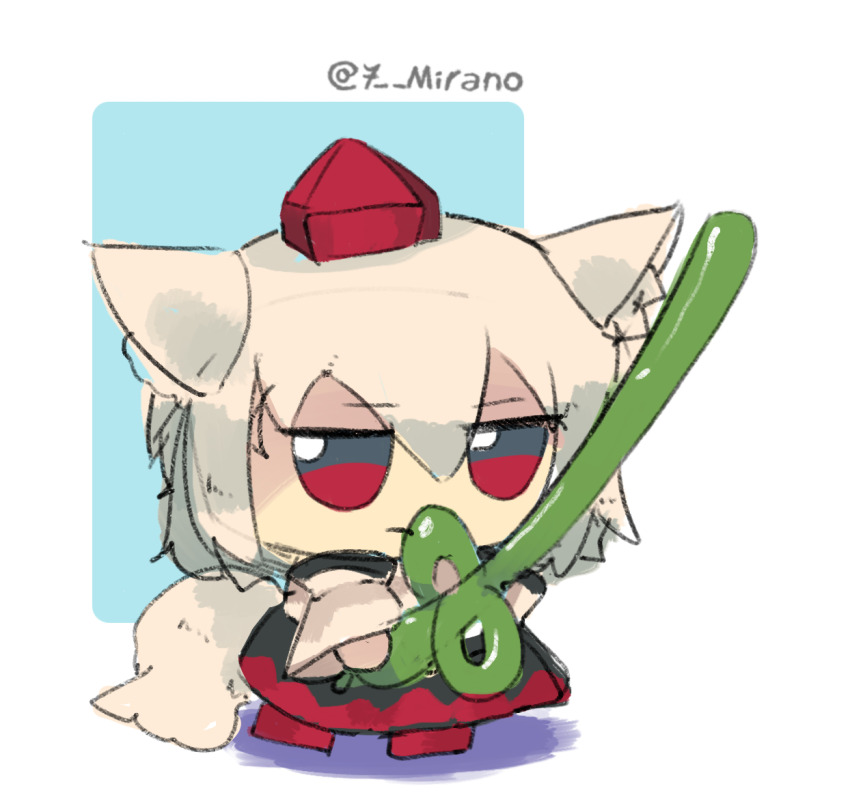 1girl 7-mirano animal_ears artist_name balloon balloon_sword fumo_(doll) hat inubashiri_momiji red_eyes short_hair solo sword tail tokin_hat touhou weapon white_hair wolf_ears wolf_tail