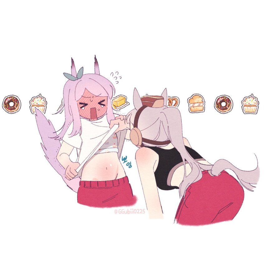 &gt;_&lt; 2girls animal_ears ass black_sports_bra blush butter cupcake donut food full-face_blush ggubii0225 gold_ship_(umamusume) grey_hair highres horse_ears horse_girl horse_tail korean_text long_hair mejiro_mcqueen_(umamusume) multiple_girls navel pants ponytail pretzel purple_hair red_pants simple_background sports_bra sports_bra_peek sweatpants tail translation_request twitter_username umamusume white_background