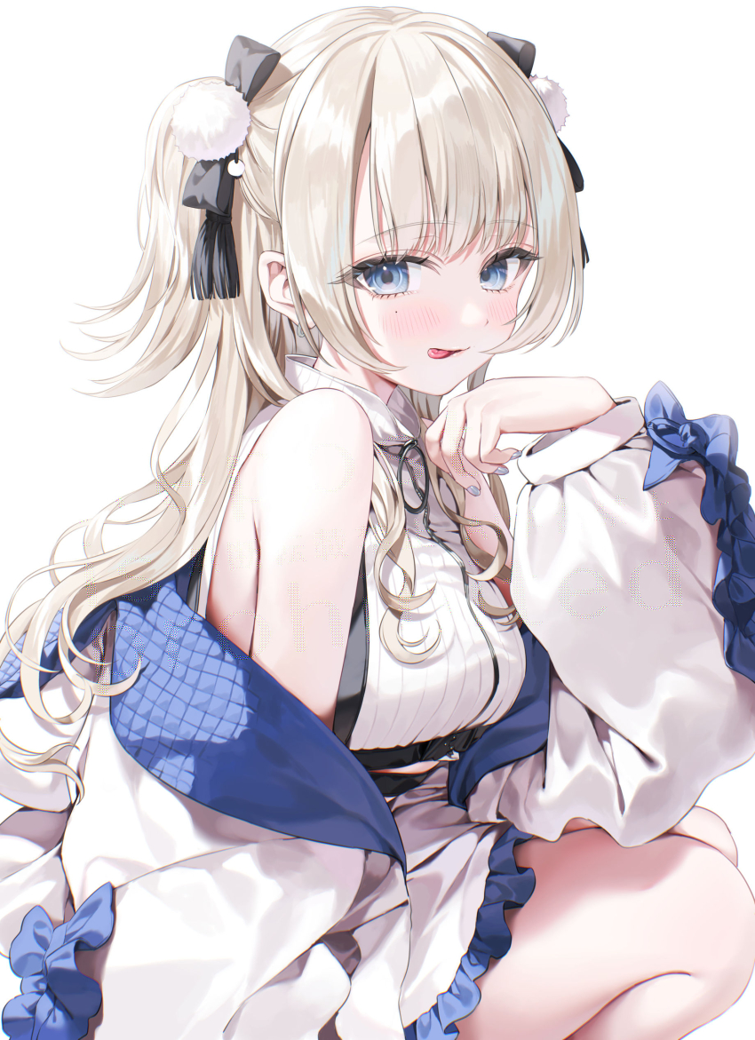 1girl :q absurdres armpit_crease bare_shoulders blonde_hair blue_eyes closed_mouth commentary_request crop_top frilled_skirt frills hair_ribbon hand_up highres jacket licking_lips long_hair long_sleeves looking_at_viewer midriff_peek mole mole_on_cheek nail_polish off_shoulder one_side_up open_clothes open_jacket original puffy_long_sleeves puffy_sleeves ribbed_shirt ribbon shirt skirt sleeveless sleeveless_shirt smile solo tongue tongue_out white_jacket white_shirt white_skirt yana_mori