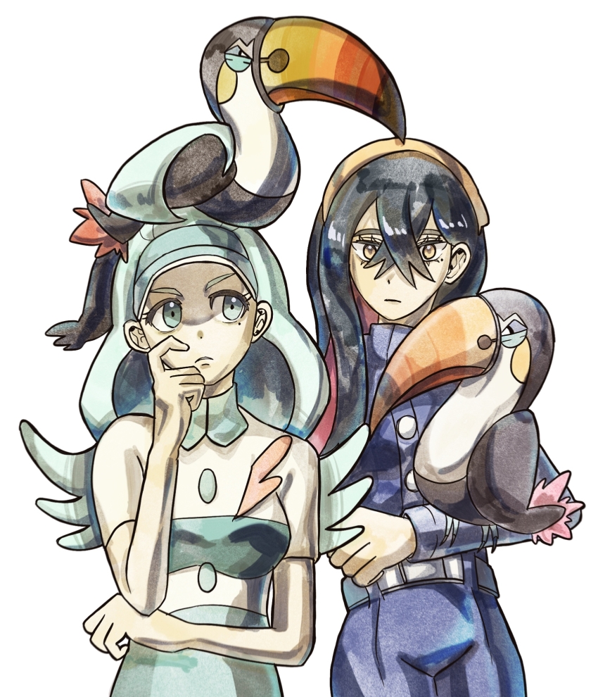 2girls animal bird black_hair blue_eyes blue_hair carmine_(pokemon) gen_7_pokemon highres kahili_(pokemon) mole mole_under_eye multiple_girls nintendo pokemon pokemon_(creature) pokemon_sm pokemon_sv simple_background thekolabo toucan toucannon white_background yellow_eyes