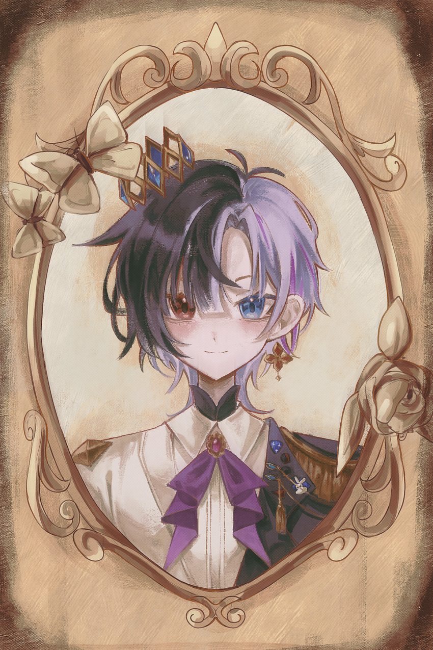 1girl absurdres ascot black_hair black_shirt blue_eyes butterfly_ornament collared_shirt commission commissioner_upload crown earrings epaulettes floating_earrings hair_between_eyes heterochromia highres chromashift jewelry keroshoku looking_at_mirror mini_crown mirror multicolored_hair portrait purple_ascot purple_brooch purple_hair rabbit_pin red_eyes reflection rin_penrose shirt short_hair single_earring single_epaulette smile solo split-color_hair streaked_hair tassel two-tone_shirt virtual_youtuber white_hair white_shirt