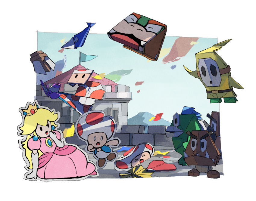 &gt;_&lt; 1girl 3boys :o arm_support black_eyes blonde_hair blue_gemstone blue_sky blue_vest border bowser castle closed_eyes commentary_request crown day dress earrings elbow_gloves fangs flag gem gloves goomba hand_up hood hood_up jewelry long_hair looking_at_another mario_(series) mask mountain multiple_boys nintendo open_clothes open_mouth open_vest origami outdoors outside_border paper paper_mario paper_mario:_the_origami_king paper_peach pennant pink_dress princess_peach puffy_short_sleeves puffy_sleeves red_gemstone red_toad_(mario) rfufvas3phbxkxa rinabee_(rinabele0120) short_sleeves shy_guy sidelocks sky sphere_earrings spike_(mario) toad_(mario) v-shaped_eyebrows vest white_border white_gloves wide-eyed
