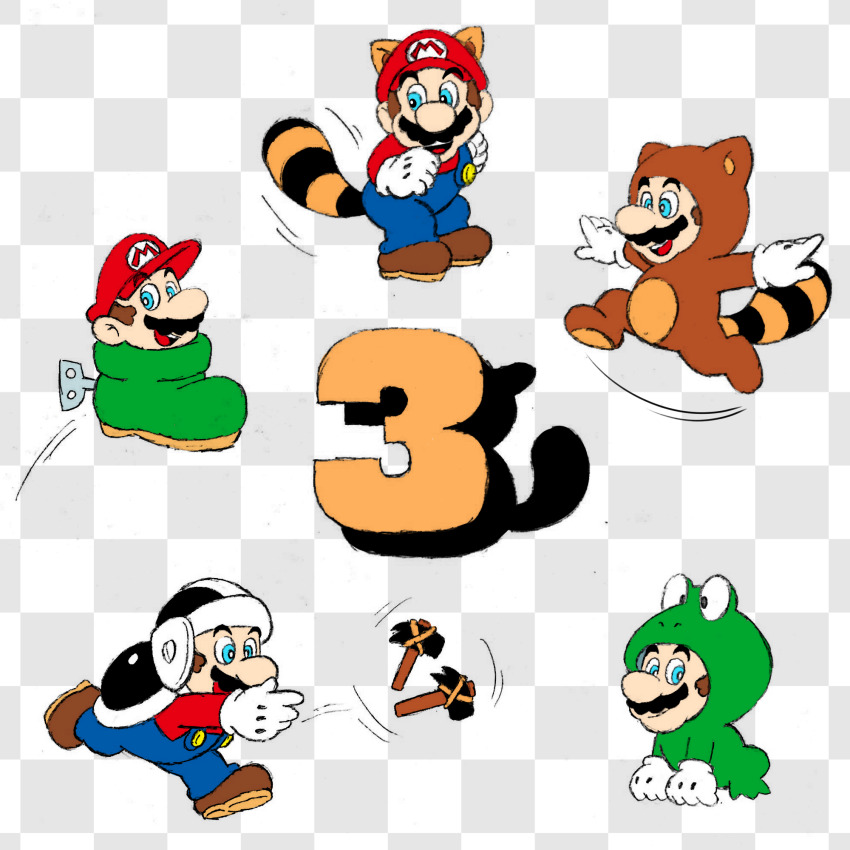 5boys animal_ears brown_hair facial_hair flying frog_mario full_body gloves grin hammer hammer_mario hat helmet highres kuribo&#039;s_shoe mario mario_(series) multiple_boys mustache nintendo raccoon_ears raccoon_mario raccoon_tail running smile super_mario_bros._3 tail tanooki_mario tanuki throwing