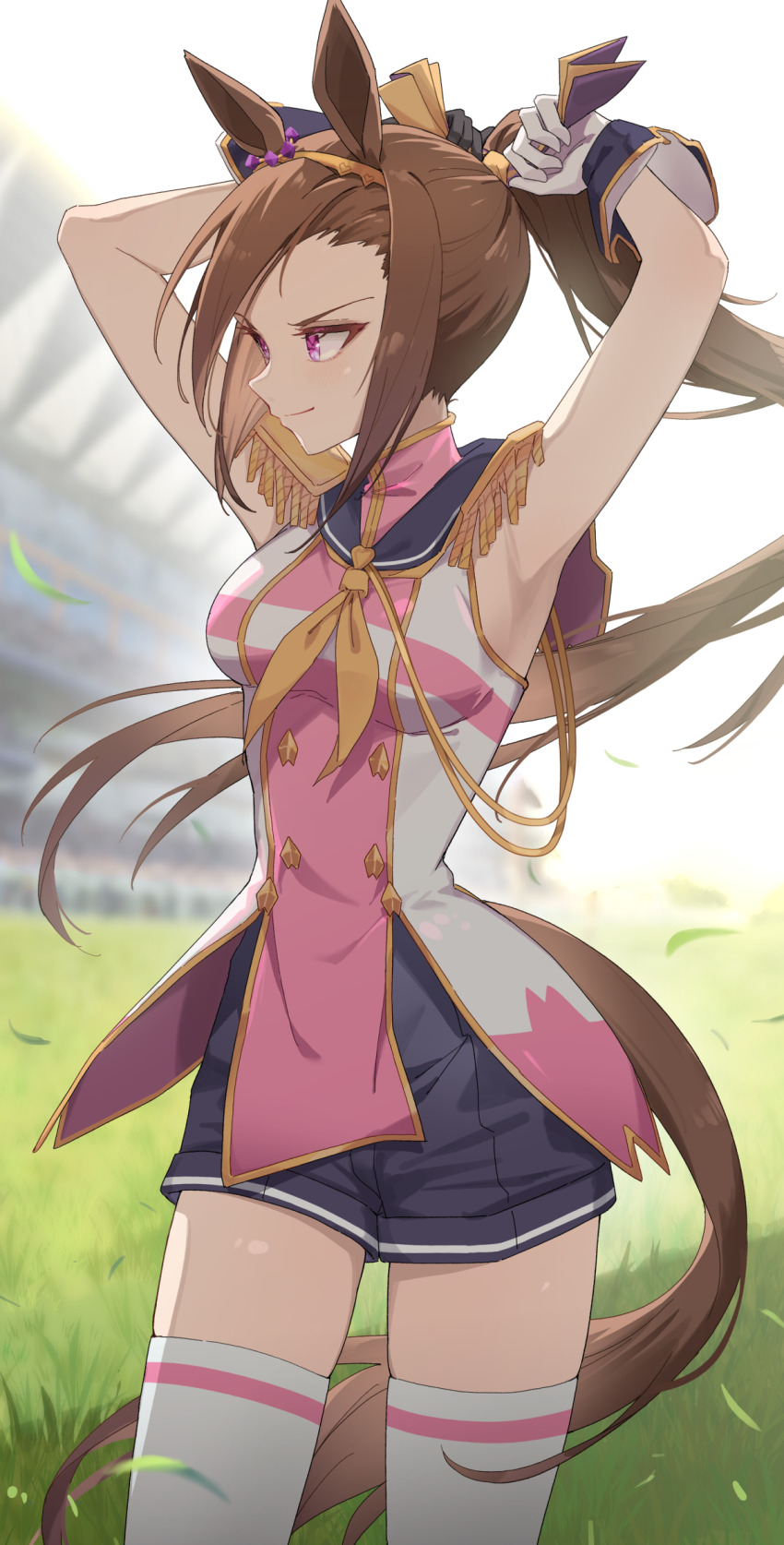 1girl animal_ears armpit_focus armpits black_shorts blurry blurry_background breasts brown_hair epaulettes grass hairband highres horse_ears horse_girl long_hair medium_breasts ponytail presenting_armpit profnote purple_eyes sailor_collar sakura_bakushin_o_(blossom_in_learning)_(umamusume) sakura_bakushin_o_(umamusume) shorts smile solo stadium standing thighhighs umamusume white_thighhighs