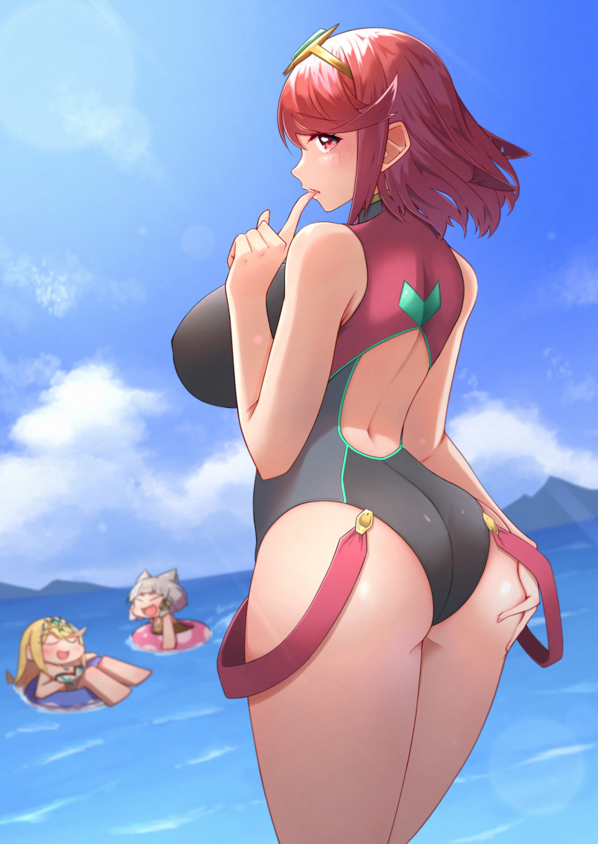 3girls absurdres ass bare_shoulders black_one-piece_swimsuit breasts commentary commentary_request covered_erect_nipples cowboy_shot english_commentary from_behind highres large_breasts mixed-language_commentary multiple_girls mythra_(radiant_beach)_(xenoblade) mythra_(xenoblade) nia_(fancy_sundress)_(xenoblade) nia_(xenoblade) ocean one-piece_swimsuit osora_(judithandlilith) pyra_(pro_swimmer)_(xenoblade) pyra_(xenoblade) red_eyes red_hair short_hair solo_focus swim_ring swimsuit textless_version tiara xenoblade_chronicles_(series) xenoblade_chronicles_2