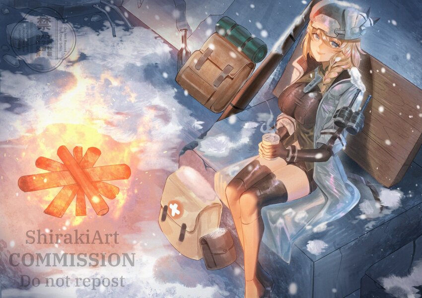 1girl backpack bag blonde_hair blue_eyes bolt_action cup fire fireplace first_aid_kit fur_hat girls&#039;_frontline girls&#039;_frontline_2:_exilium gun hat highres mosin-nagant mosin-nagant_(girls&#039;_frontline) mosin-nagant_(girls&#039;_frontline_2) rifle shiraki_art snow solo steam ushanka weapon