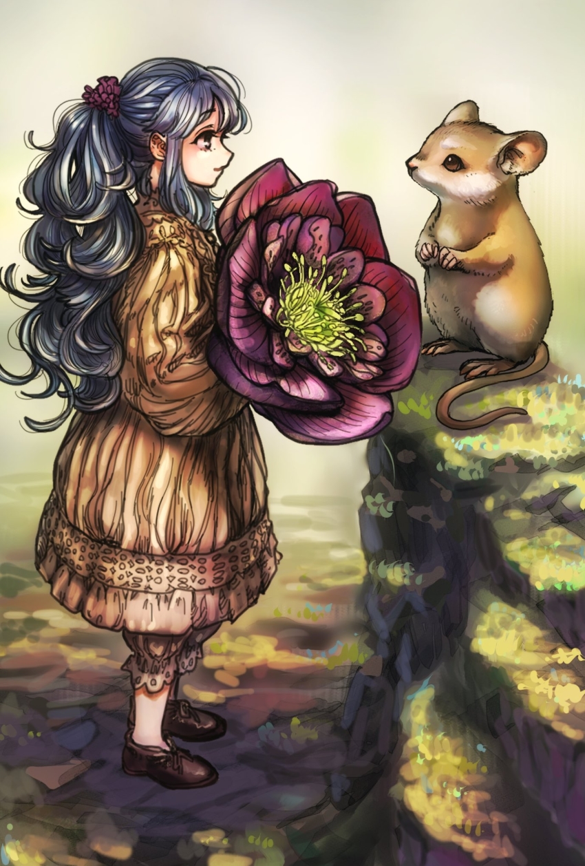 1girl animal black_hair brown_eyes brown_footwear closed_mouth commentary_request ethanol80per flower full_body highres holding long_hair long_sleeves looking_at_another original outdoors pointy_nose ponytail puffy_sleeves scrunchie shadow solo standing