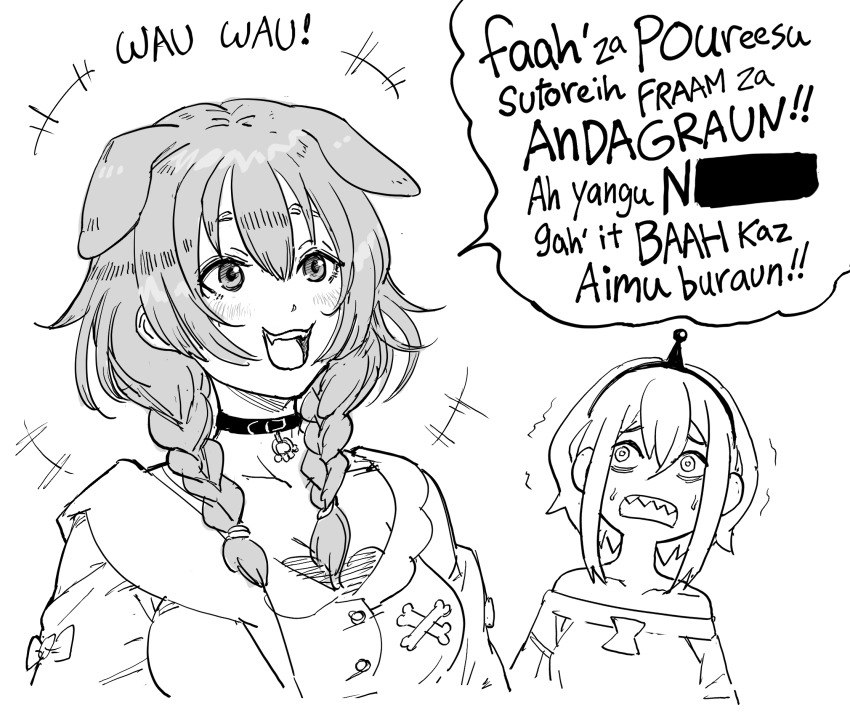 +++ 2girls :d amano_pikamee animal_ears bad_id bags_under_eyes bare_shoulders bb_(baalbuddy) blush braid breasts censored censored_text choker commentary crossover dog_ears english_commentary english_text engrish_text greyscale hairband highres hololive horrified inactive_account inugami_korone inugami_korone_(1st_costume) jacket large_breasts lyrics medium_hair monochrome multiple_girls n.w.a off-shoulder_sweater off_shoulder open_mouth profanity ranguage sharp_teeth simple_background slang smile sweater teeth twin_braids virtual_youtuber voms white_background wide-eyed