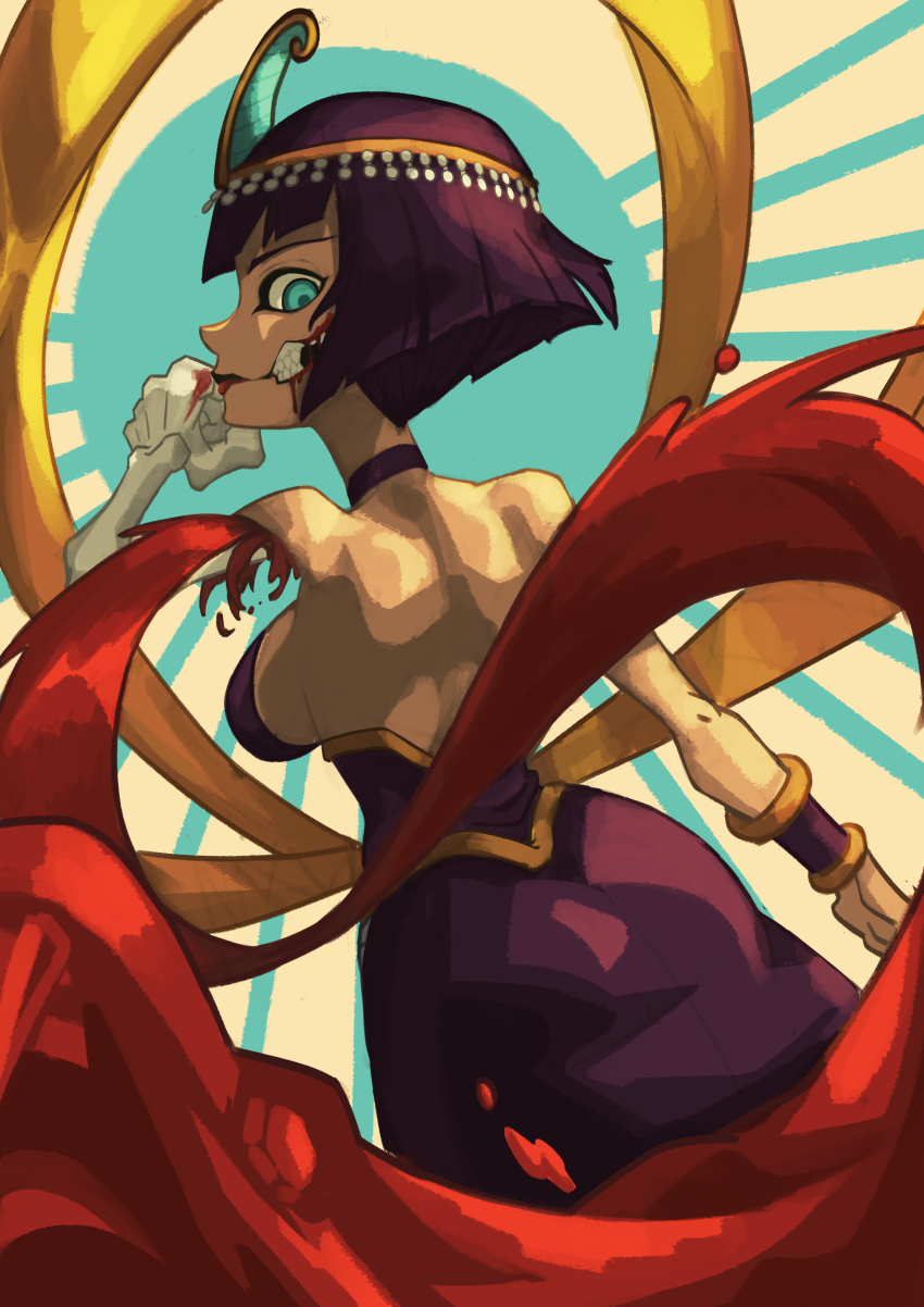 1girl absurdres black_hair blood blue_eyes bob_cut breasts dark-skinned_female dark_skin eliza_(skullgirls) from_behind highres onozawa_(buresu21) short_hair sideboob skeletal_arm skullgirls solo tiara vambraces
