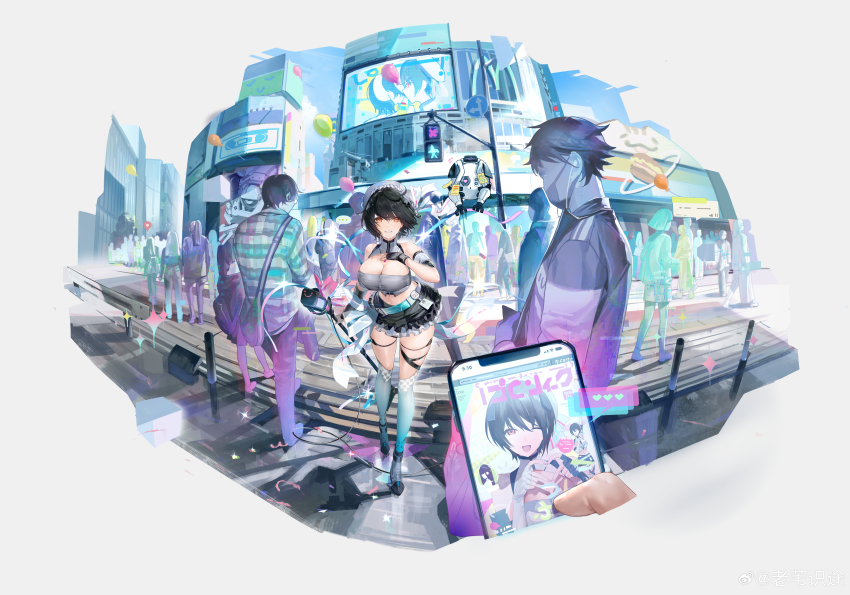 1girl absurdres aqua_thighhighs bare_shoulders black_hair black_skirt breast_suppress breasts cleavage cleavage_cutout clothing_cutout crowd fisheye frilled_hat frilled_skirt frills girls&#039;_frontline girls&#039;_frontline_neural_cloud hat heart heart_hands highres holding holding_microphone_stand holding_phone idol lamppost laowei_shi_tu large_breasts looking_at_viewer mask microphone microphone_stand midriff mouth_mask navel official_alternate_costume official_art phone pov pov_hands purple_eyes road road_sign short_hair sign skirt smile solo_focus street thighhighs xinghuan_(neural_cloud) xinghuan_(shining_silver_shift)_(neural_cloud)