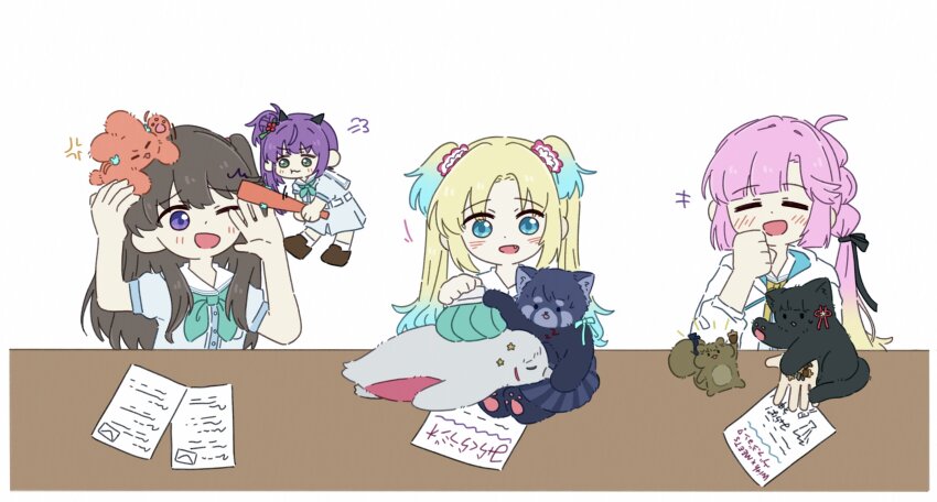 +++ 4girls :d ;d acorn ahoge alternate_species anger_vein animal animal_on_head animalization anyoji_hime aqua_neckerchief bird black_horns black_ribbon blonde_hair blue_eyes blue_hair blunt_bangs blush bonk border brown_hair cat chipmunk closed_eyes closed_mouth club_(weapon) commentary_request dated_commentary deformed dress fang flower flower_knot fujishima_megumi gradient_hair green_eyes hair_bun hair_flower hair_ornament hair_ribbon hasu_no_sora_school_uniform highres hinoshita_kaho holding holding_acorn holding_club holding_weapon hood hooded_jacket horns jacket kachimachi_kosuzu korean_commentary light_blue_hair link!_like!_love_live! long_hair love_live! lying medium_dress mira-cra_park! momose_ginko motion_lines multi-tied_hair multicolored_hair multiple_girls murano_sayaka neckerchief on_head on_stomach one_eye_closed oni open_clothes open_jacket open_mouth osawa_rurino otomune_kozue parted_bangs penguin pink_flower pink_hair pleated_dress ponytail pout puff_of_air puffy_short_sleeves puffy_sleeves purple_eyes purple_hair rabbit rabbit_hair_ornament red_flower red_panda ribbon sailor_collar sailor_dress school_uniform short_sleeves side_ponytail sidelocks simple_background single_side_bun sitting smile squirrel star_(symbol) star_hair_ornament summer_uniform swept_bangs table tail tail_ornament tail_ribbon twintails two_side_up virtual_youtuber weapon white_background white_border white_dress white_jacket white_sailor_collar yellow_neckerchief yugiri_tsuzuri zueka27