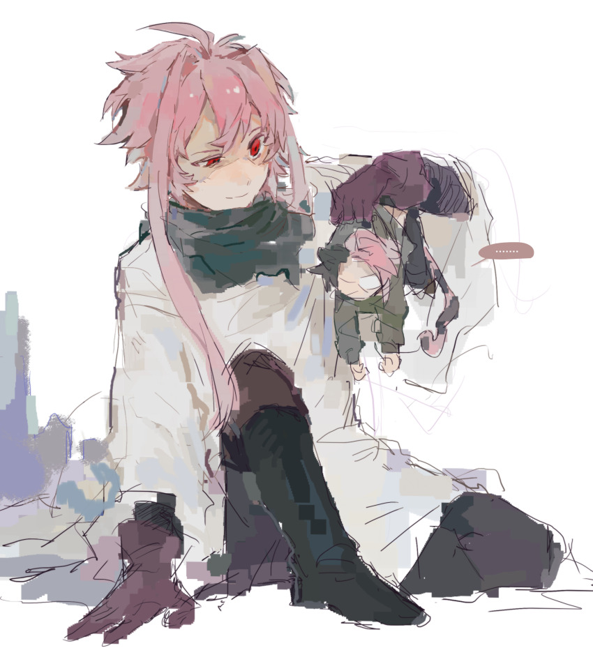 2boys animal_ears black_boots black_cape black_hair boots brown_gloves brown_pants cape cat_boy cat_ears cat_tail closed_mouth eyepatch gloves hair_between_eyes hair_intakes highres holding holding_mini_person kemonomimi_mode lei_renqun_xing_shanyao_shi long_sleeves male_focus mini_person miniboy multicolored_hair multiple_boys mutsushika_misumi nijou_ryuu pants patchwork_skin red_eyes saibou_shinkyoku shirt short_hair short_hair_with_long_locks sitting sketch smile split-color_hair tail two-tone_hair uneven_eyes white_shirt
