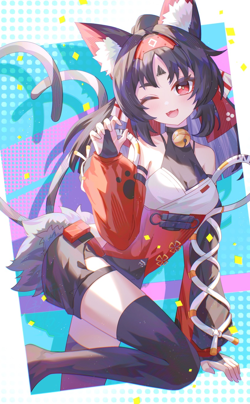 1girl absurdres animal_ear_fluff animal_ears aqinorz black_hair cat_ears cat_girl cat_tail facial_mark highres multiple_tails nekomata nekomiya_mana open_mouth red_eyes smile solo tail thighhighs two_tails zenless_zone_zero