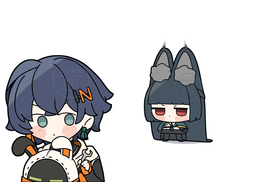 1other 2girls absurdly_long_hair absurdres animal_ear_fluff animal_ears aqua_capelet bangboo_(zenless_zone_zero) belle_(zenless_zone_zero) black_hair black_necktie black_skirt blue_hair blunt_bangs blunt_ends chibi closed_mouth commentary_request dot_mouth eous_(zenless_zone_zero) gloves green_eyes hair_ornament highres hime_cut holding holding_wrench hoshimi_miyabi jitome long-eared_miyabi_(meme) long_hair meme multiple_girls necktie orange_gloves red_eyes shinonome_nashi shirt simple_background skirt very_long_ears very_long_hair watermark white_background white_shirt wrench zenless_zone_zero