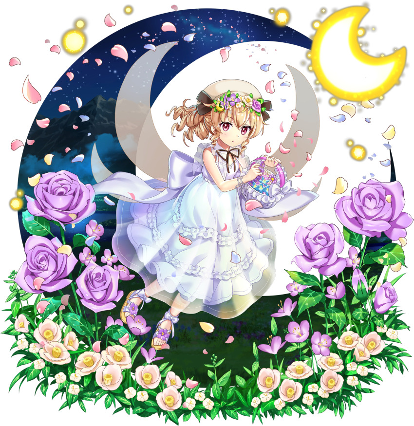 1girl alternate_costume back_bow basket blonde_hair blue_petals bow camellia crescent crescent_moon dress drill_hair drill_sidelocks fairy fairy_wings falling_petals flower full_body full_moon game_cg hair_flower hair_ornament hat highres holding holding_basket leaf long_hair looking_at_viewer luna_child luna_child_(white_moon_fairy) moon neck_ribbon night night_sky official_art open_mouth petals pink_petals purple_flower purple_rose red_eyes ribbon rose rotte_(1109) see-through_clothes short_hair sidelocks sky sleeveless sleeveless_dress solo star_(sky) starry_sky third-party_source touhou touhou_lostword transparent_background white_bow white_dress white_flower white_hat wings yellow_flower