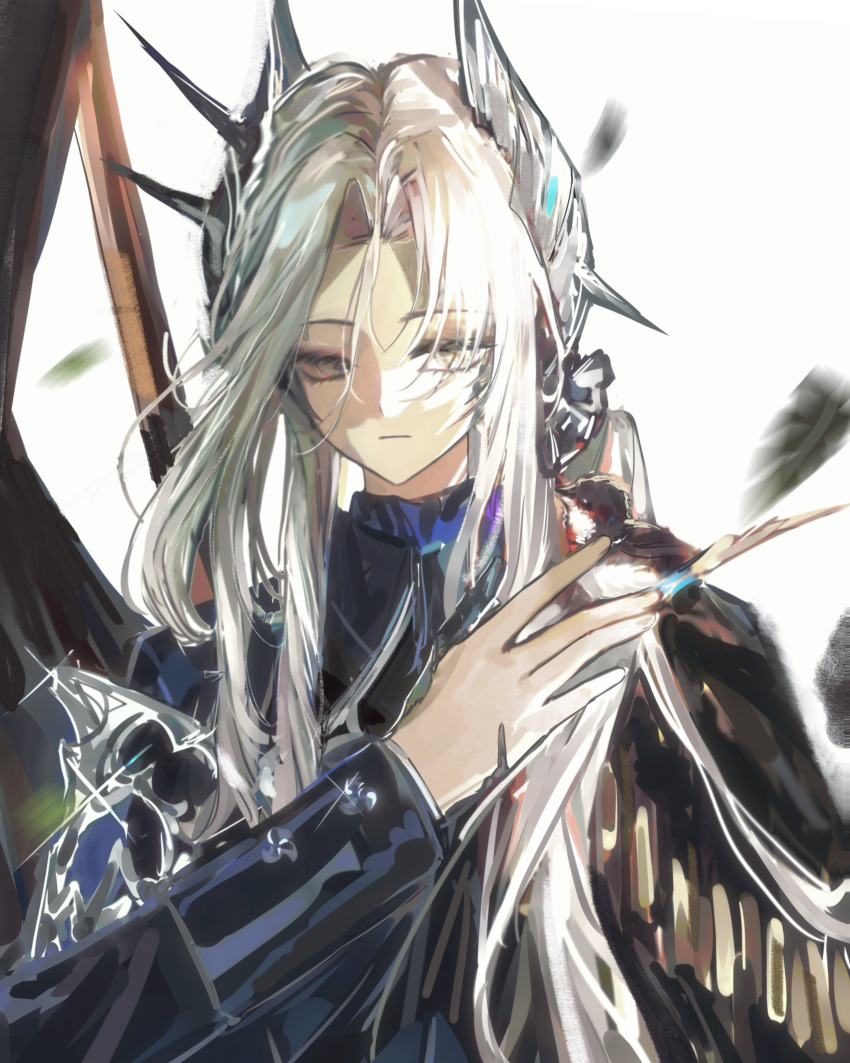 1girl absurdres animal animal_on_shoulder bird bird_on_shoulder black_cape blue_jacket cape falling_feathers feathers grey_eyes hair_ornament hand_up highres jacket looking_at_viewer low_ponytail military_uniform parted_bangs ponytail reverse:1999 sentinel_(reverse:1999) side_cape solo sparrow upper_body weiyan_(nbnbmwnl) white_background white_hair