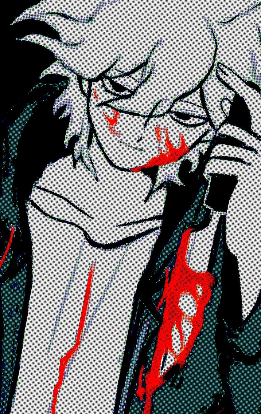 1boy black_background black_eyes blood blood_on_clothes blood_on_face bloody_knife bloody_weapon blue_jacket danganronpa_(series) danganronpa_2:_goodbye_despair grey_hair hand_up highres holding holding_knife jacket jaggy_lines knife komaeda_nagito looking_at_viewer male_focus open_clothes open_jacket short_hair simple_background solo upper_body uri_ka55 weapon