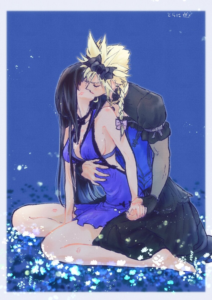 1boy 1girl backless_dress backless_outfit bare_arms bare_legs bare_shoulders barefoot black_hair black_hairband black_ribbon blonde_hair blue_dress bow braid breasts closed_eyes cloud_strife cloud_strife_(blue_dress) commentary corset couple crescent crescent_earrings crossdressing dress earrings facing_another field final_fantasy final_fantasy_vii final_fantasy_vii_remake fishnet_armwear fishnet_sleeves fishnets flower flower_field full_body gold_earrings hair_bow hairband hand_on_another&#039;s_stomach hetero highres holding_hands hug hug_from_behind jewelry kiss kiss_from_behind large_breasts lipstick_mark lipstick_mark_on_face lipstick_mark_on_leg lipstick_mark_on_shoulder long_hair low_twin_braids neck_ribbon ninnin5tora official_alternate_costume official_alternate_hairstyle outside_border puffy_short_sleeves puffy_sleeves ribbon short_dress short_sleeves single_earring sitting sitting_on_lap sitting_on_person symbol-only_commentary tifa_lockhart tifa_lockhart_(refined_dress) twin_braids wariza