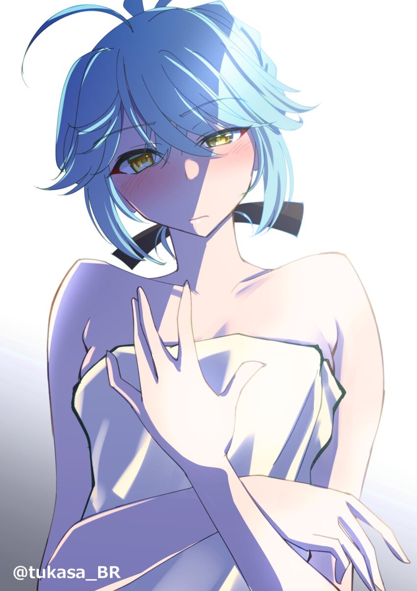 1girl ahoge alternate_hairstyle bare_shoulders blue_hair commentary_request gradient_background hair_ribbon hamanami_(kancolle) highres kantai_collection long_hair naked_towel one-hour_drawing_challenge ribbon solo towel tsukasa_(tukasa_br) twitter_username upper_body white_background yellow_eyes