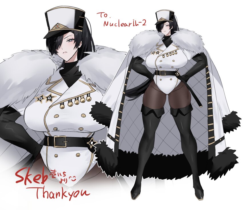 1girl absurdres azur_lane black_hair boots breasts coat commission emblem female_commander_(azur_lane) fur-trimmed_coat fur-trimmed_jacket fur_trim green_eyes hair_between_eyes hair_over_one_eye hands_on_own_hips hat highres huge_breasts ichimonme_(ichi) insignia jacket jacket_on_shoulders looking_at_viewer military military_hat military_jacket military_uniform northern_parliament_(emblem) pantyhose ponytail reference_sheet skeb_commission thick_thighs thigh_boots thighs valentina_(nuclear-il2) wide_hips