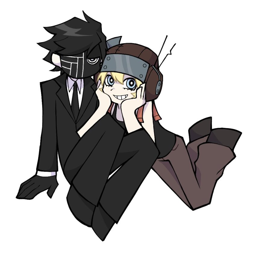 1boy 1girl black_footwear black_gloves black_hair black_mask black_necktie black_pants black_shirt black_suit blonde_hair blue_eyes bright_pupils brown_pants c&#039;venash_vishneri dsrfrpprvl expressionless formal_clothes gloves hair_between_eyes hands_on_own_cheeks hands_on_own_face hashtag-only_commentary helmet jitome king_of_mercury_(psychopomp) looking_at_viewer mask necktie official_style pants panty_&amp;_stocking_with_garterbelt psychopomp_(game) radio_antenna shirt short_hair simple_background sitting sleeveless sleeveless_shirt smile suit teeth white_background white_pupils